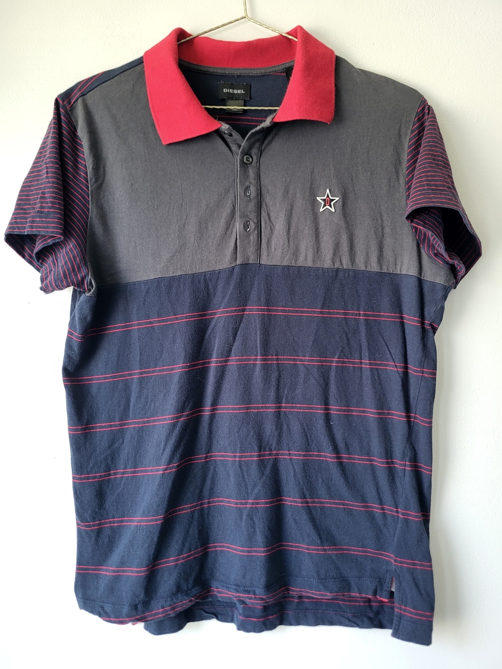 Diesel Men's Navy and Gray Polo Shirt with Red Collar